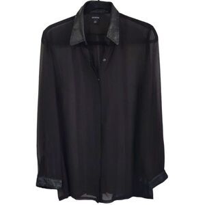 True Religion Black Sheer Blouse With Genuine Leather Cuffs And Collar Size L